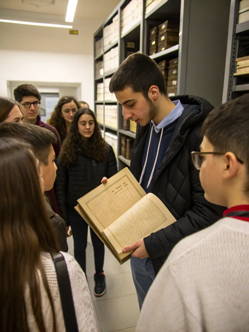 A photograph depicting researchers examining old maps and documents in an archive setting, symbolizing AMAROM's commitment to supporting historical research.