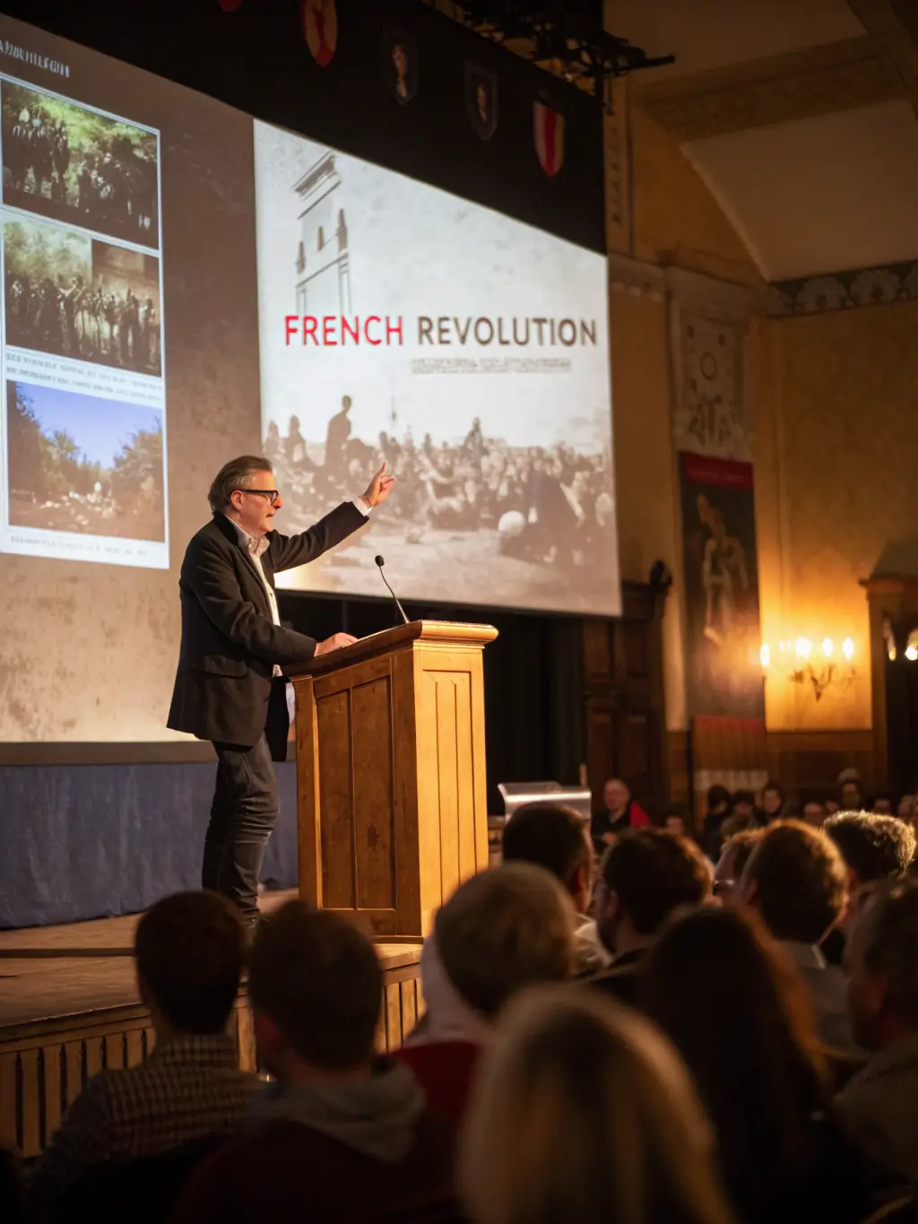 A picture of a lecturer presenting on the importance of overseas archives to a group of students, showcasing AMAROM's educational outreach.