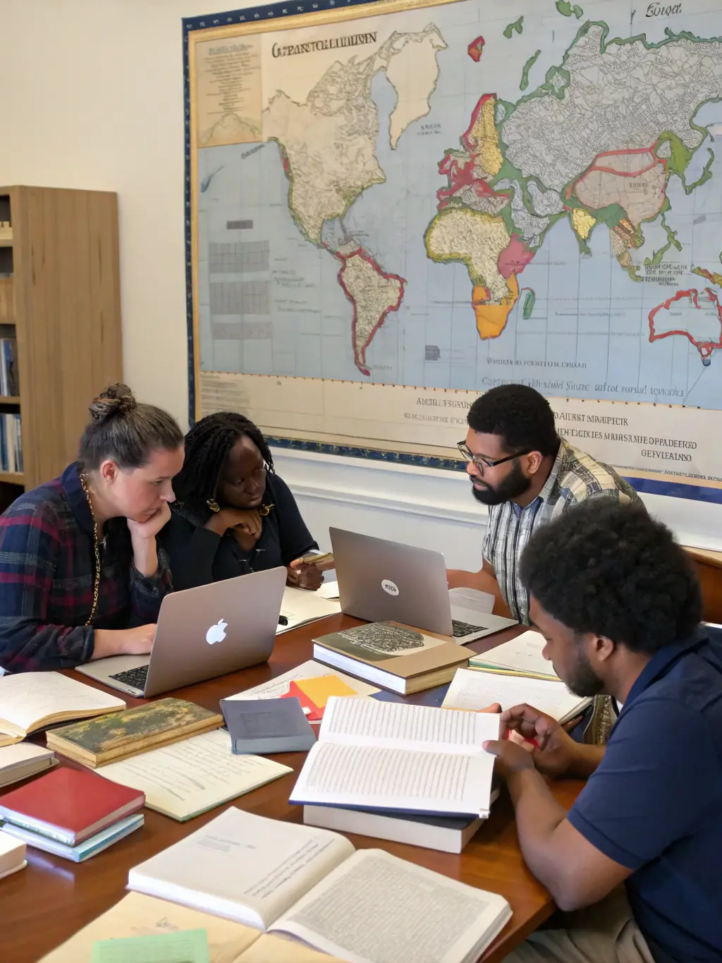 A photograph of a group of researchers collaborating around a table filled with historical maps and documents, symbolizing AMAROM's support for collaborative research.