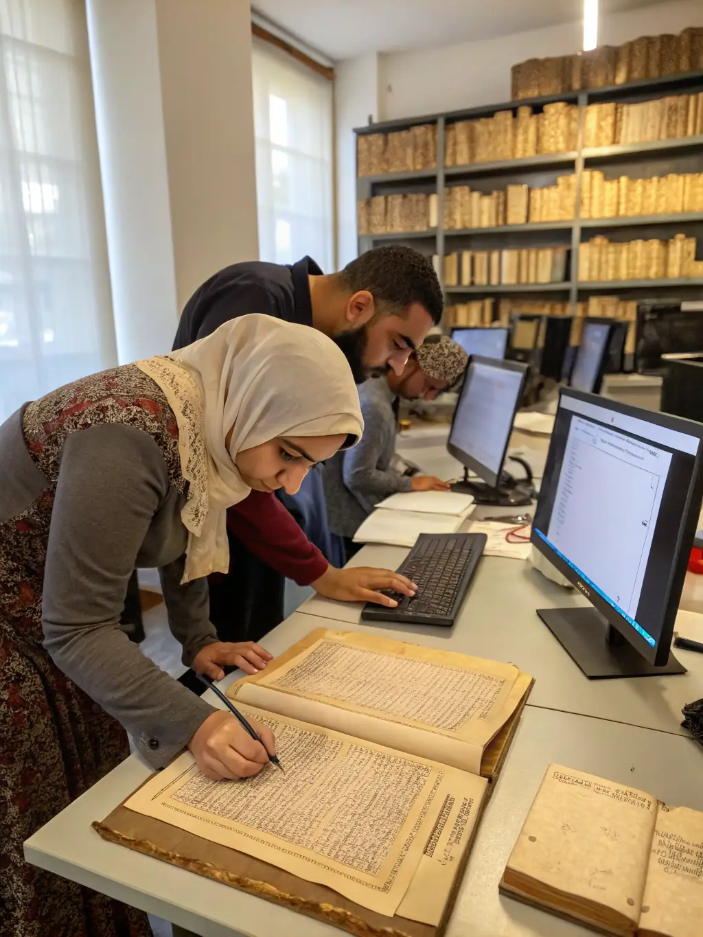 A photo of a group of volunteers carefully restoring damaged historical documents, highlighting AMAROM's dedication to preservation.